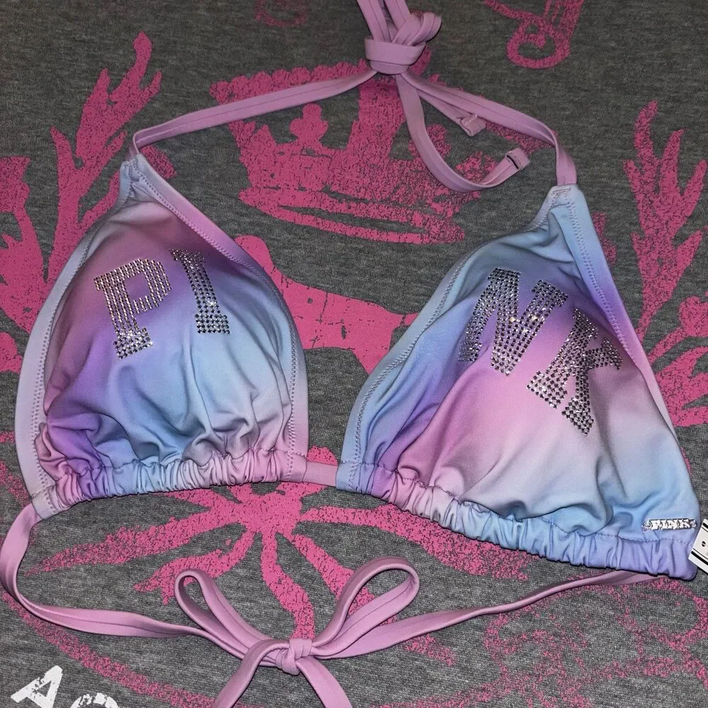Victorias Secret PINK String Bikini Set Rainbow Ombre Cotton Candy Bling M-DD